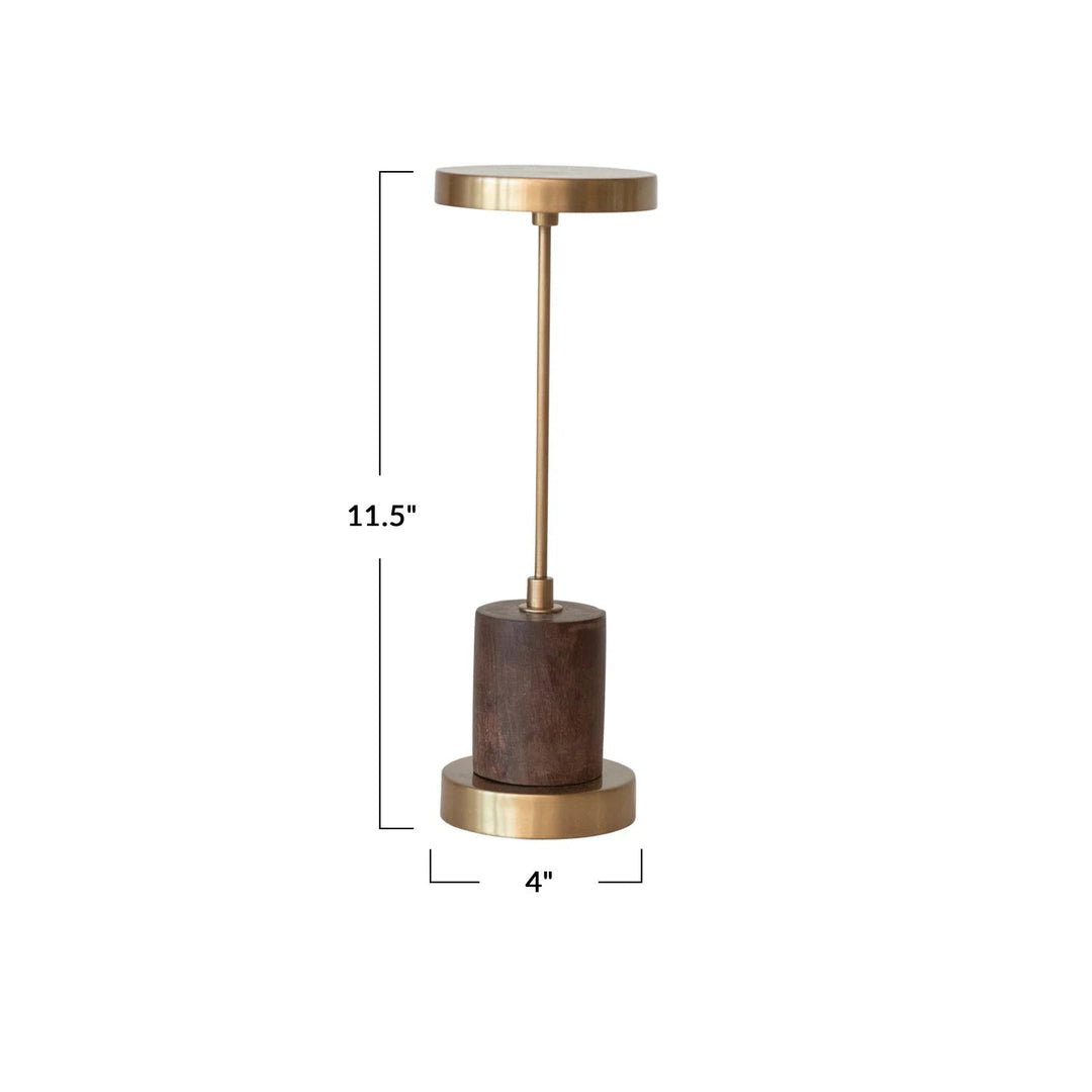 Metal &amp; Mango Wood LED Table Lamp with Touch Sensor, Antique Brass