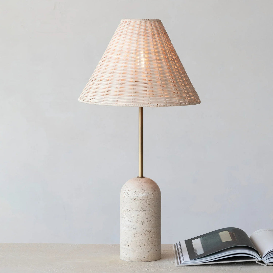 Metal &amp; Travertine Table Lamp with Hand-Woven Shade &amp; Inline Switch