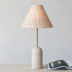 Metal &amp; Travertine Table Lamp with Hand-Woven Shade &amp; Inline Switch
