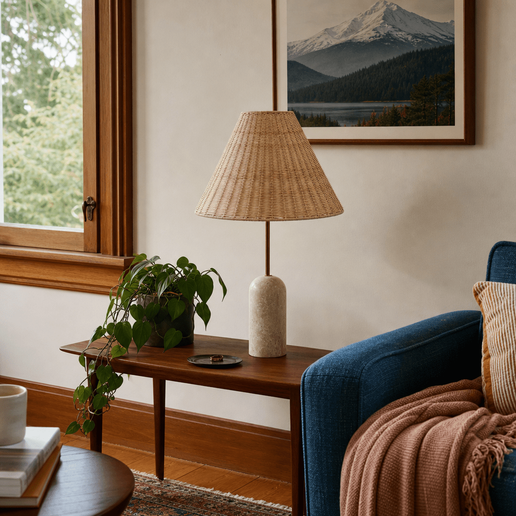 Metal &amp; Travertine Table Lamp with Hand-Woven Shade &amp; Inline Switch in Default Title styled in a Portland home - Whats New Furniture