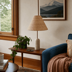 Metal &amp; Travertine Table Lamp with Hand-Woven Shade &amp; Inline Switch in Default Title styled in a Portland home - Whats New Furniture