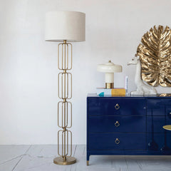 Metal Wire Floor Lamp with Cotton Shade &amp; Inline Switch, Gold Finish