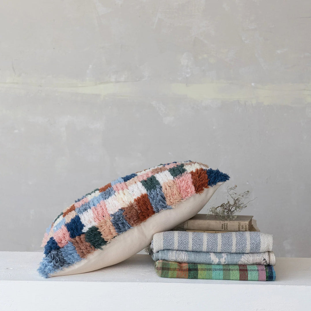 New Zealand Wool Tufted Checkered Lumbar Pillow