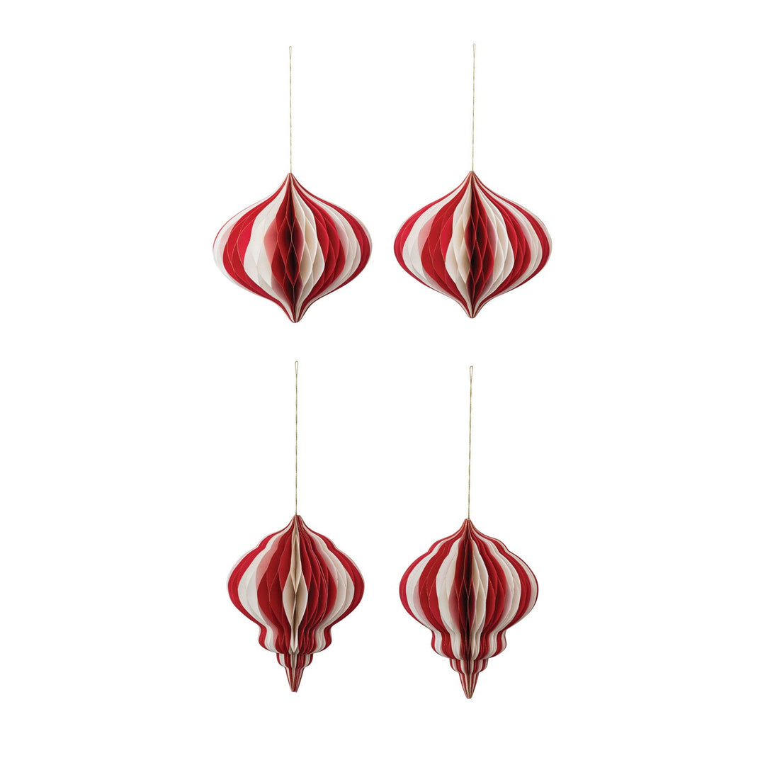 Paper Honeycomb Ornaments in red and cream with gold glitter edge showing both onion and drop styles - by Creative Co-Op - Whats New Furniture Portland OR