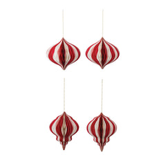 Paper Honeycomb Ornaments in red and cream with gold glitter edge showing both onion and drop styles - by Creative Co-Op - Whats New Furniture Portland OR