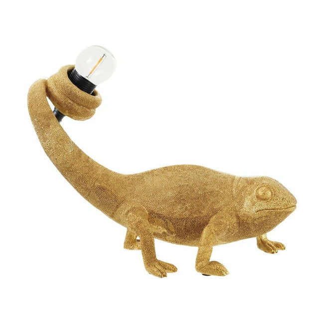 Resin Chameleon Table Lamp in gold finish holding an Edison bulb in its curled tail - lamp by Creative Co-Op - Whats New Furniture Portland OR