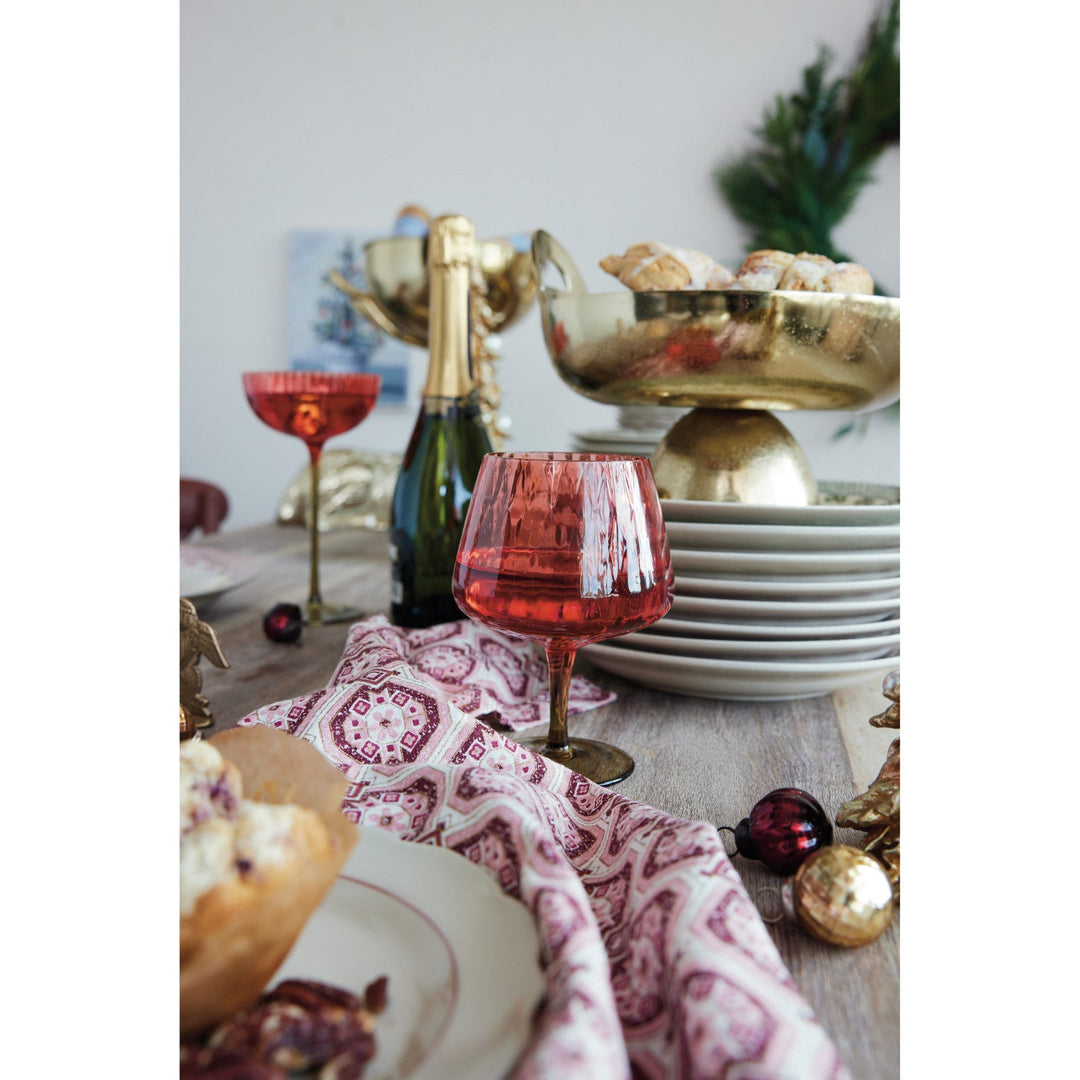 Ribbed Stemmed Wine Glass, Red &amp; Olive Green, 14 oz. styled on a holiday table - dinnerware by Creative Co-Op - Whats New Furniture Portland OR