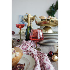 Ribbed Stemmed Wine Glass, Red &amp; Olive Green, 14 oz. styled on a holiday table - dinnerware by Creative Co-Op - Whats New Furniture Portland OR