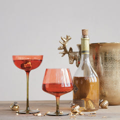 Ribbed Stemmed Wine Glass, Red &amp; Olive Green, 14 oz. styled on a bar with glassware - dinnerware by Creative Co-Op - Whats New Furniture Portland OR