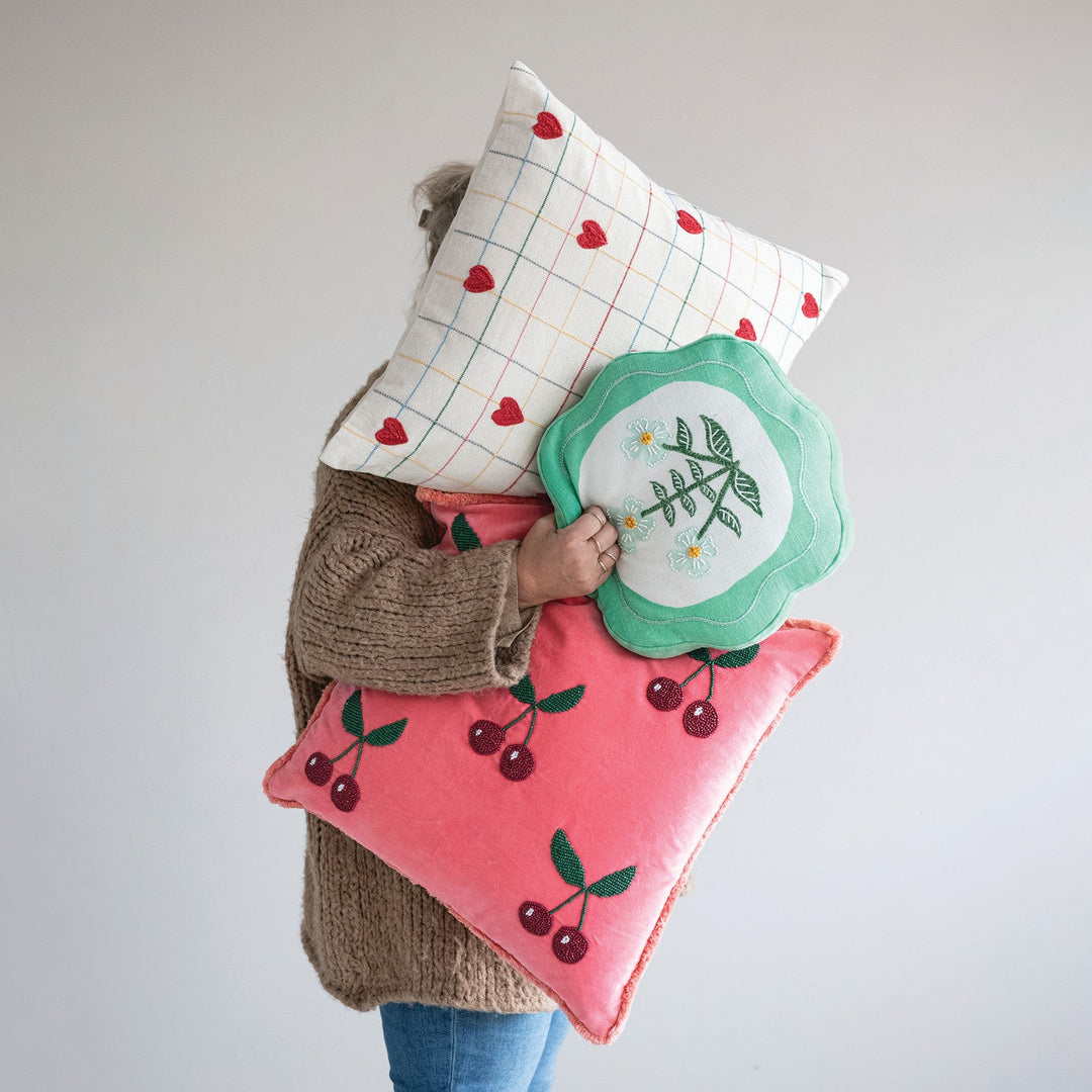 Round Cotton Scalloped Pillow with Embroidery &amp; Velvet Back - What&