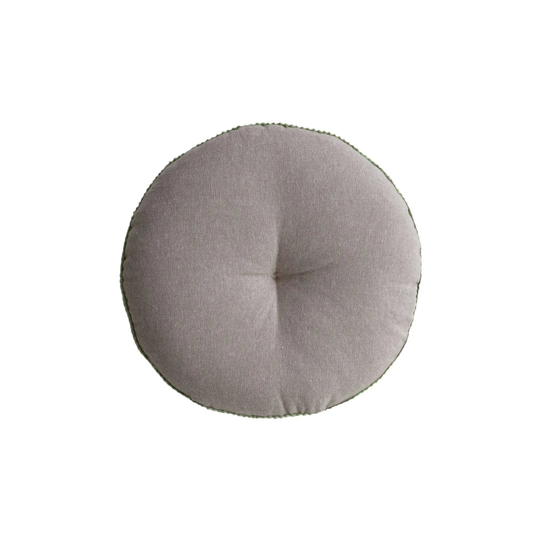 Round Cotton Velvet Embroidered Pillow with Mini Pom Pom Trim &amp; Chambray Back - What&