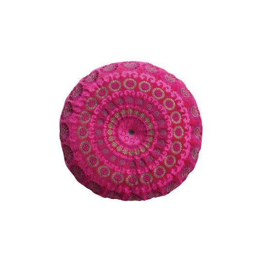Round Cotton Velvet Embroidered Pillow with Mini Pom Pom Trim &amp; Chambray Back - What&