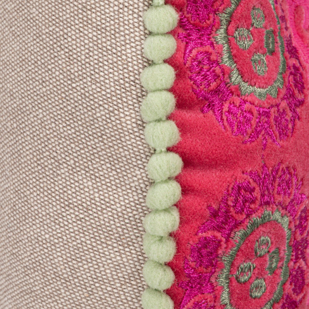 Round Cotton Velvet Embroidered Pillow with Mini Pom Pom Trim &amp; Chambray Back - What&