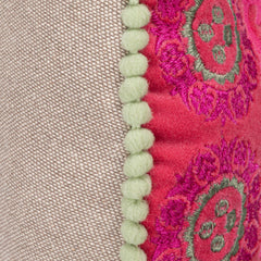 Round Cotton Velvet Embroidered Pillow with Mini Pom Pom Trim &amp; Chambray Back - What&