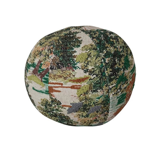 Round Fabric Orb Pillow with Landscape & Embroidery - Whats New Furniture - Portland, Oregon