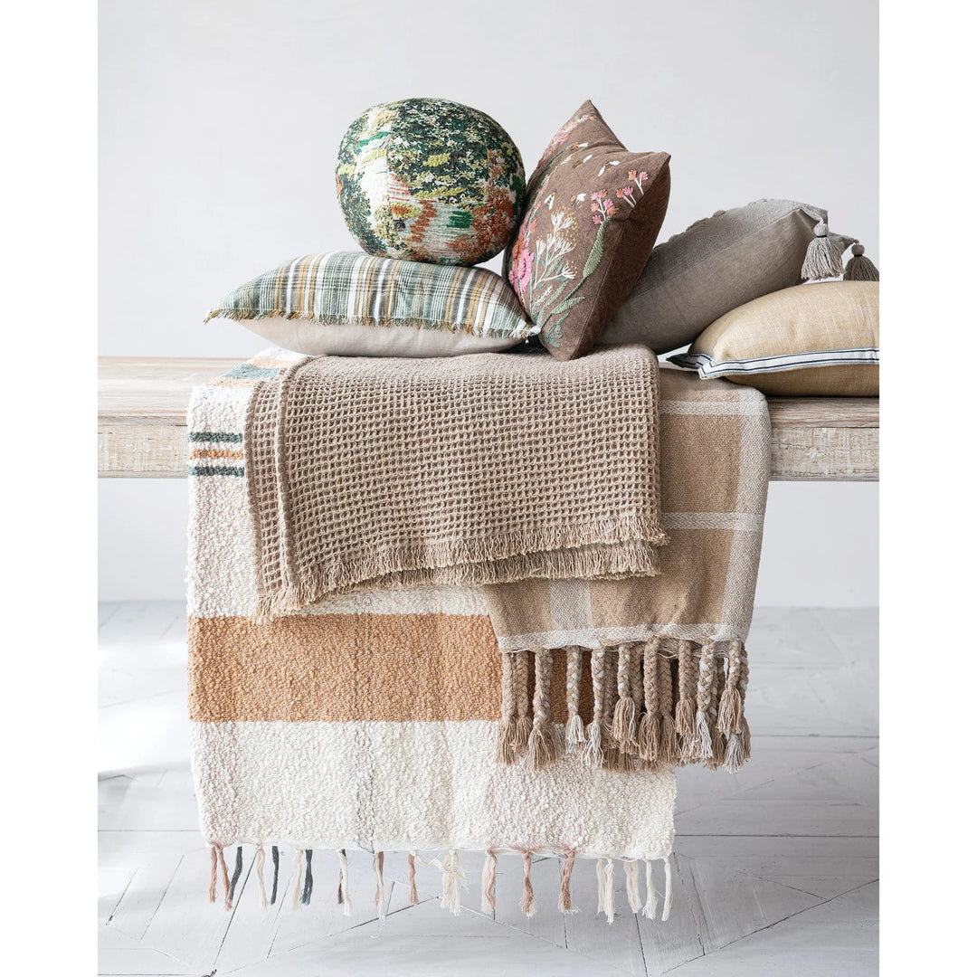 Round Fabric Orb Pillow with Landscape & Embroidery - Whats New Furniture - Portland, Oregon