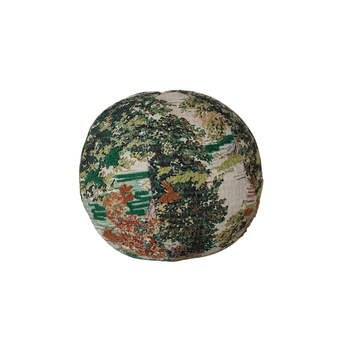 Round Fabric Orb Pillow with Landscape & Embroidery - Whats New Furniture - Portland, Oregon