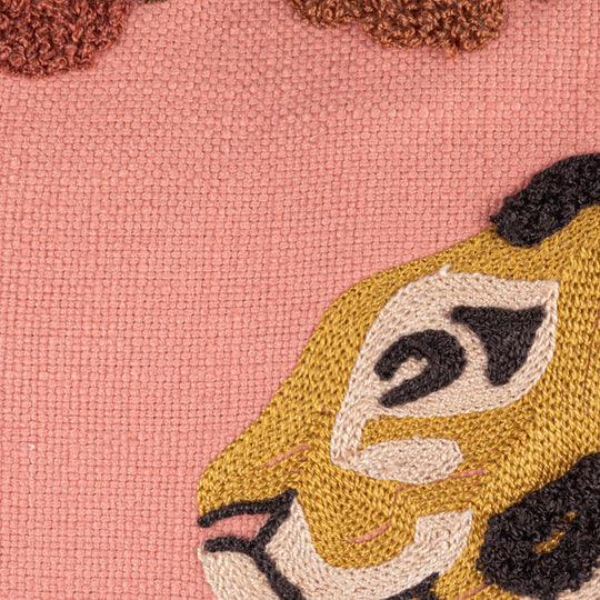 Square Cotton Slub Pillow w/ Embroidered Tiger &amp; Flowers - What&