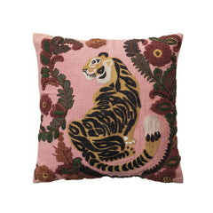 Square Cotton Slub Pillow w/ Embroidered Tiger &amp; Flowers - What&