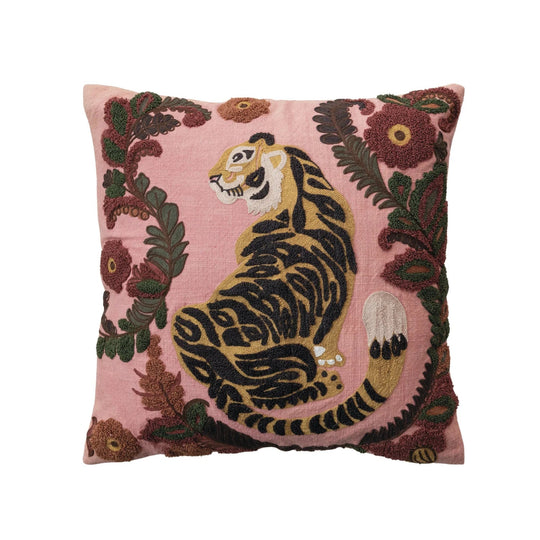 Square Cotton Slub Pillow w/ Embroidered Tiger &amp; Flowers - What&