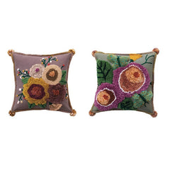 Square Cotton Tufted Floral Pillow w/ Pom Poms - What&