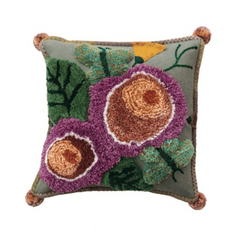Square Cotton Tufted Floral Pillow w/ Pom Poms - What&