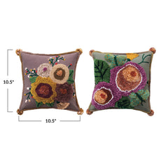 Square Cotton Tufted Floral Pillow w/ Pom Poms - What&