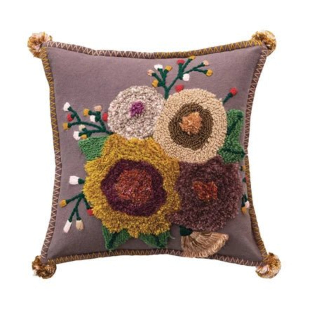 Square Cotton Tufted Floral Pillow w/ Pom Poms - Whats New Furniture - Portland, Oregon