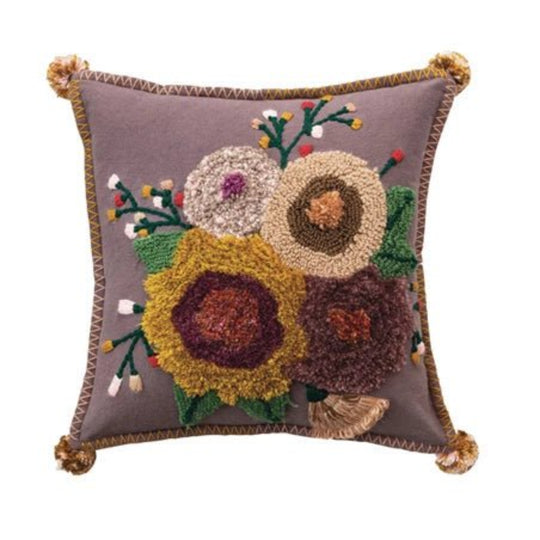 Square Cotton Tufted Floral Pillow w/ Pom Poms - Whats New Furniture - Portland, Oregon