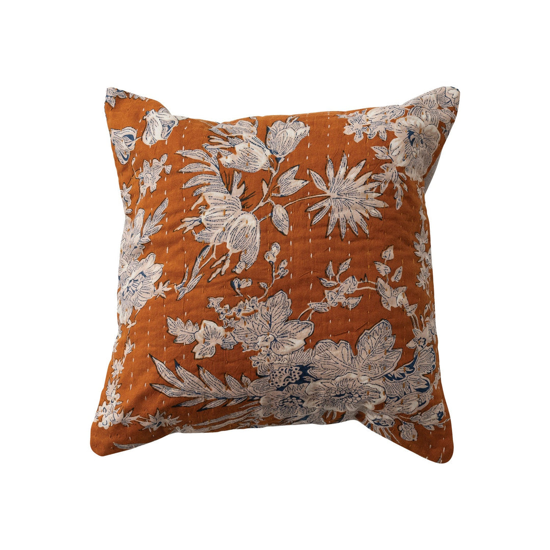 Square Cotton Voile Pillow with Florals, Hand - Embroidered Kantha Stitch & Chambray Back - What's New Furniture - Portland, Oregon