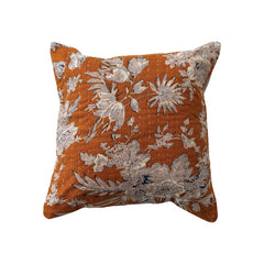 Square Cotton Voile Pillow with Florals, Hand - Embroidered Kantha Stitch &amp; Chambray Back - What&