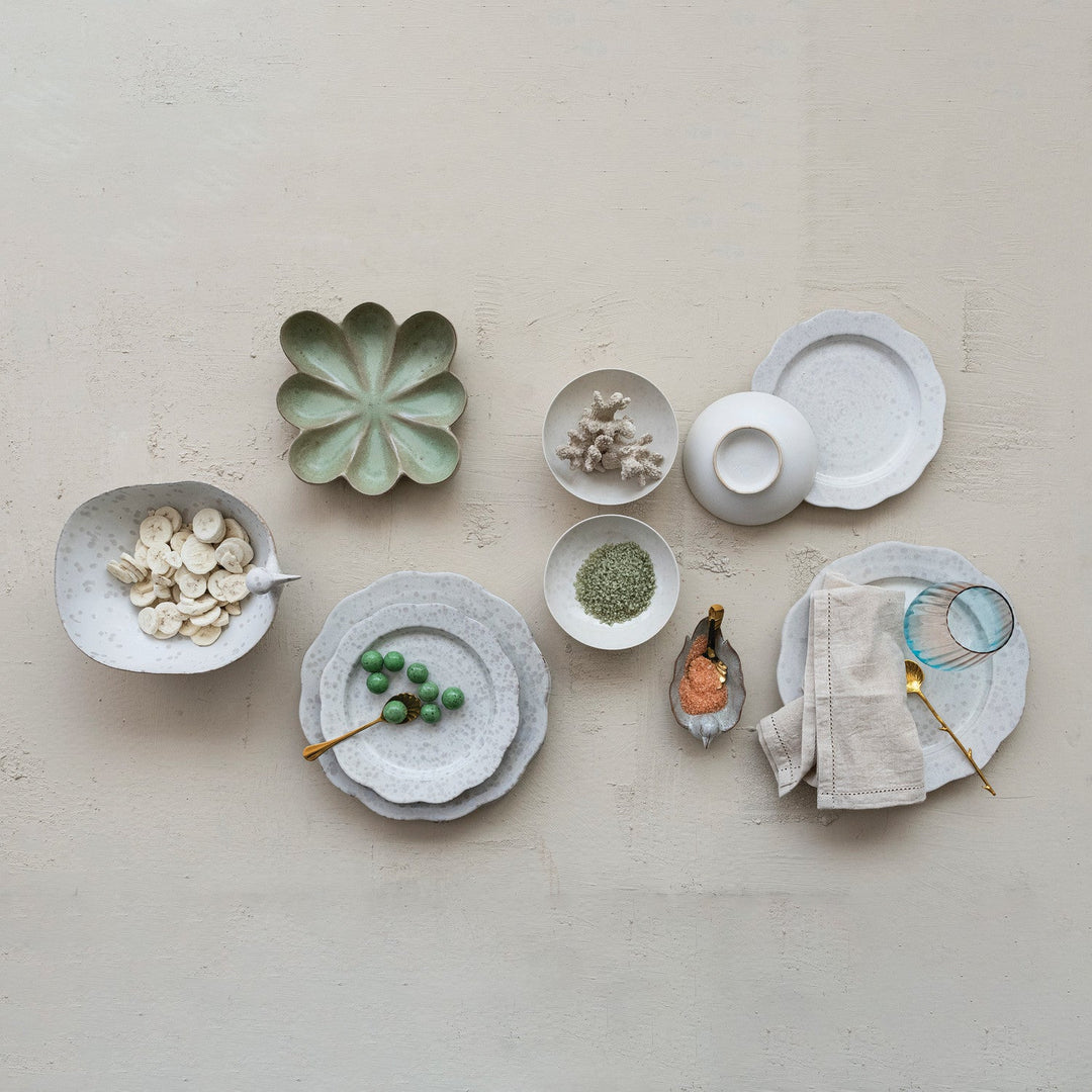 Green flower dish in a styled tablescape with the Dreamy stoneware collection - Creative Co-Op - What&
