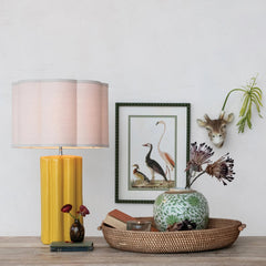Stoneware Fluted Table Lamp with Scalloped Linen Shade &amp; Swivel