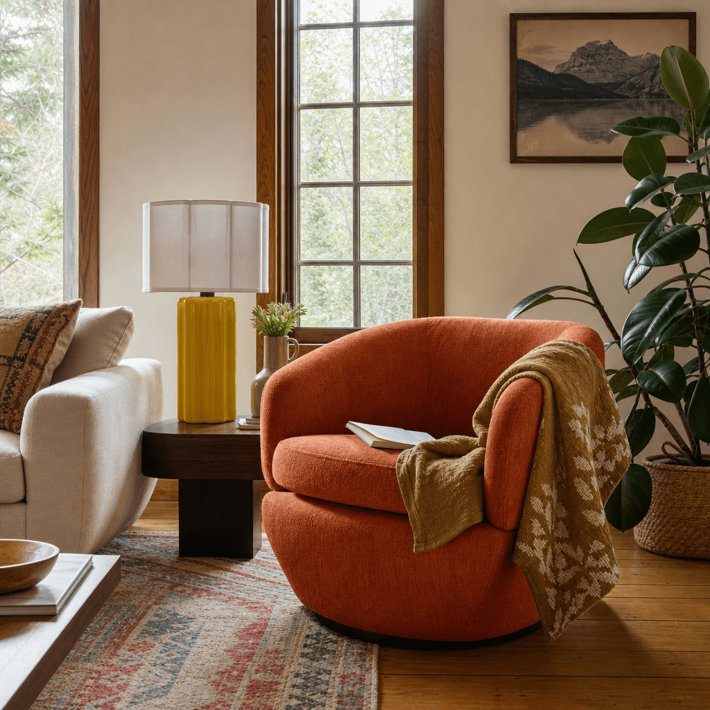 Stoneware Fluted Table Lamp with Scalloped Linen Shade &amp; Swivel in Default Title styled in a Portland home - Whats New Furniture
