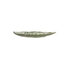 Stoneware Leaf Shaped Plate in green, side profile showing the shallow well and flat foot - serveware by Creative Co-Op - Whats New Furniture Portland OR