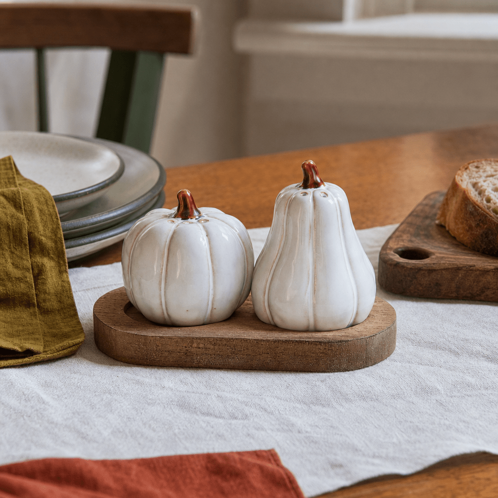 Stoneware pumpkin salt and pepper shakers styled on a wood tray on a fall dinner table in a Portland home - Whats New Furniture