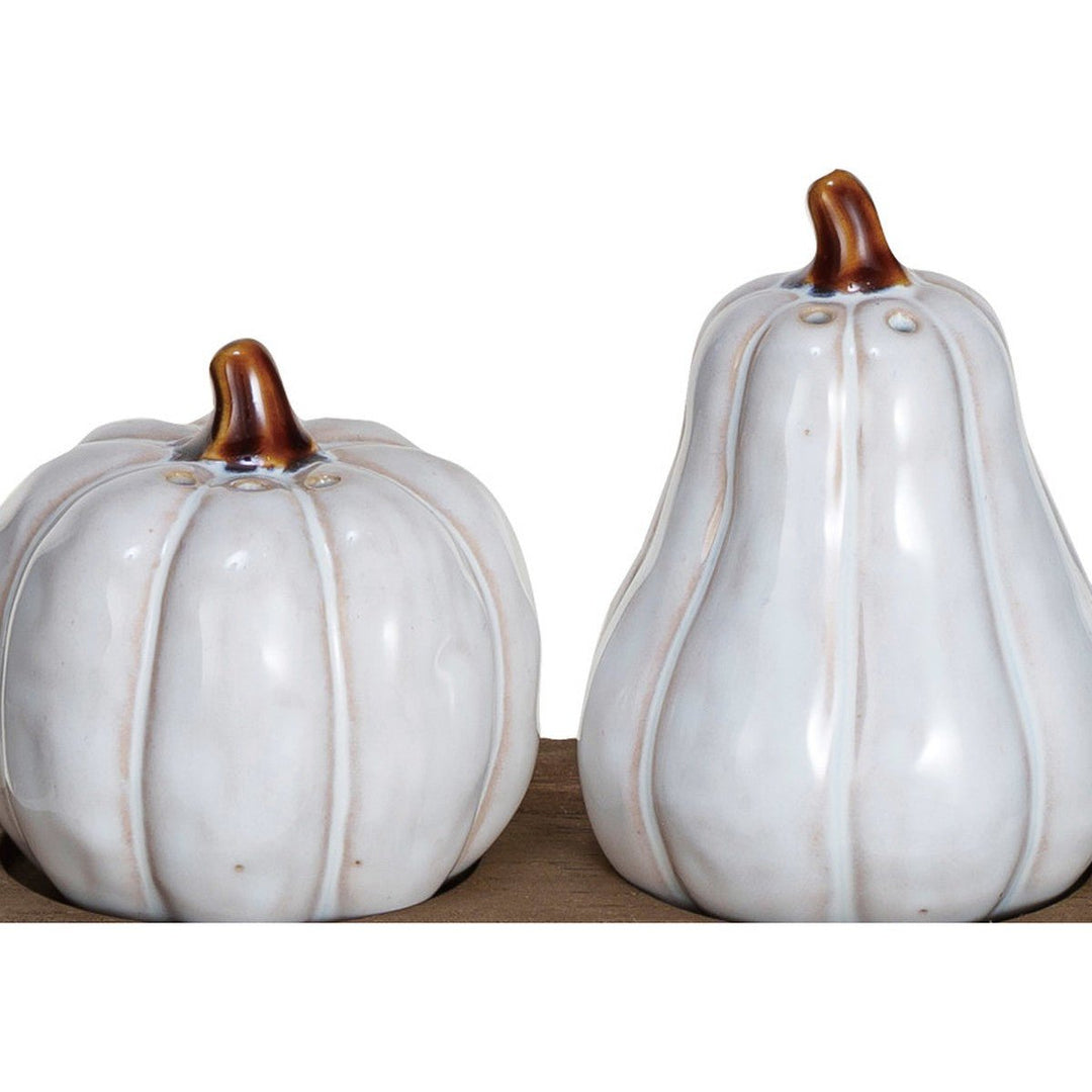 Close-up of the two white reactive glazed pumpkin shakers showing amber stems and glaze variation - Whats New Furniture Portland