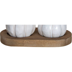 Mango wood tray detail under the stoneware pumpkin salt and pepper shakers - Creative Co-Op serveware - Whats New Furniture Portland OR