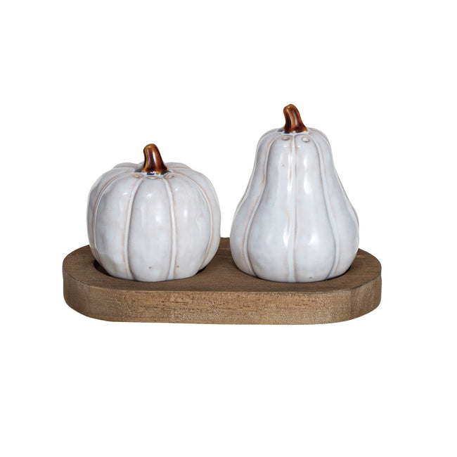 Stoneware Pumpkin Salt and Pepper Shakers set of 3 with wood tray front view - fall serveware by Creative Co-Op - Whats New Furniture Portland OR