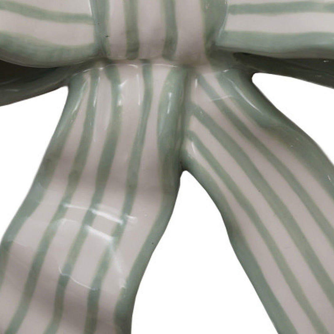 Stoneware Striped Bow Wall Décor, Green &amp; White texture detail close up - wall decor by Creative Co-Op - Whats New Furniture Portland OR