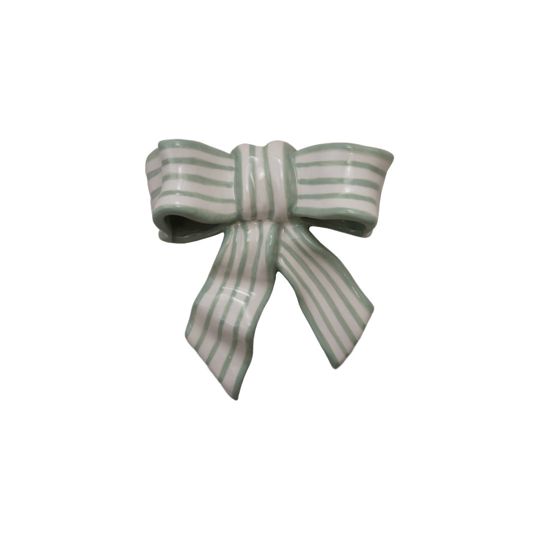 Stoneware Striped Bow Wall Décor, Green &amp; White front view - wall decor by Creative Co-Op - Whats New Furniture Portland OR
