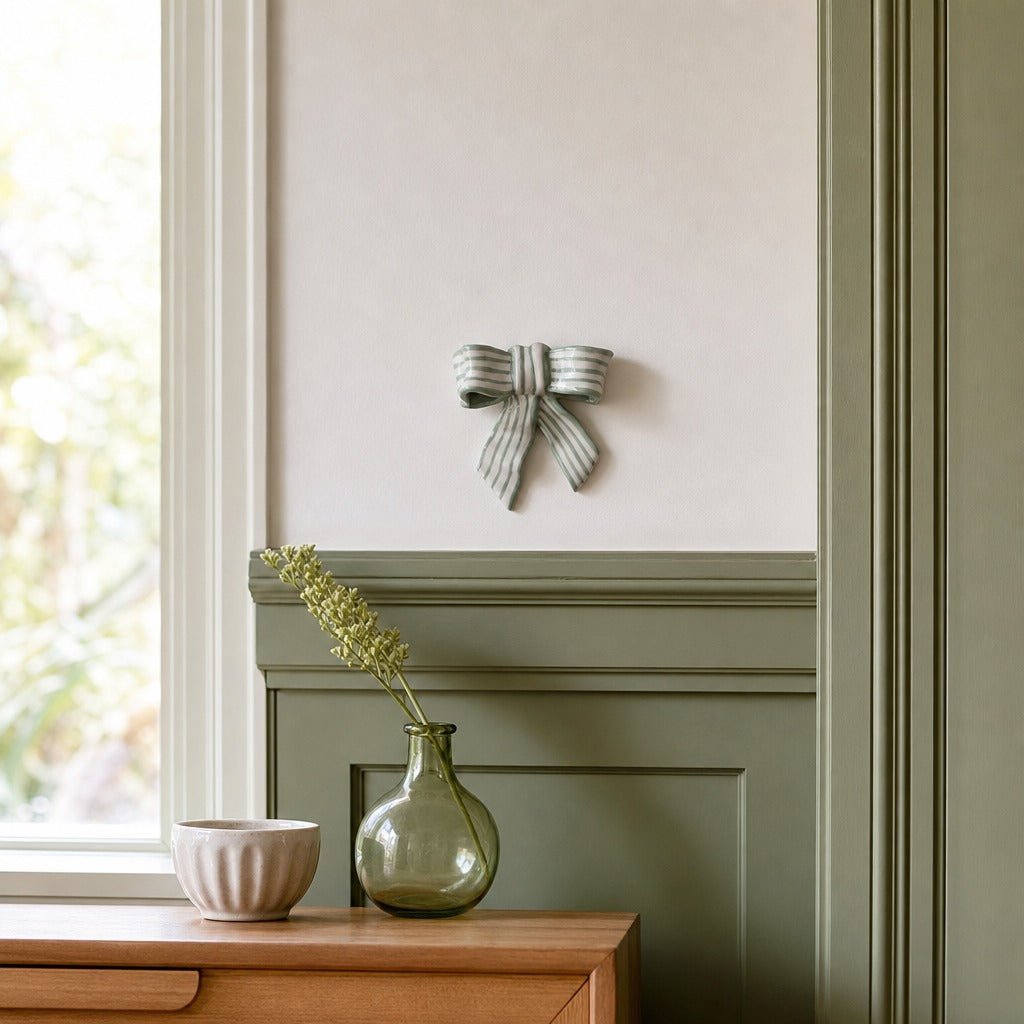Stoneware Striped Bow Wall Décor, Green &amp; White styled in a Portland living room - Whats New Furniture