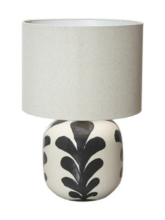 Stoneware Table Lamp with Abstract Design, Linen Shade &amp; Inline Switch