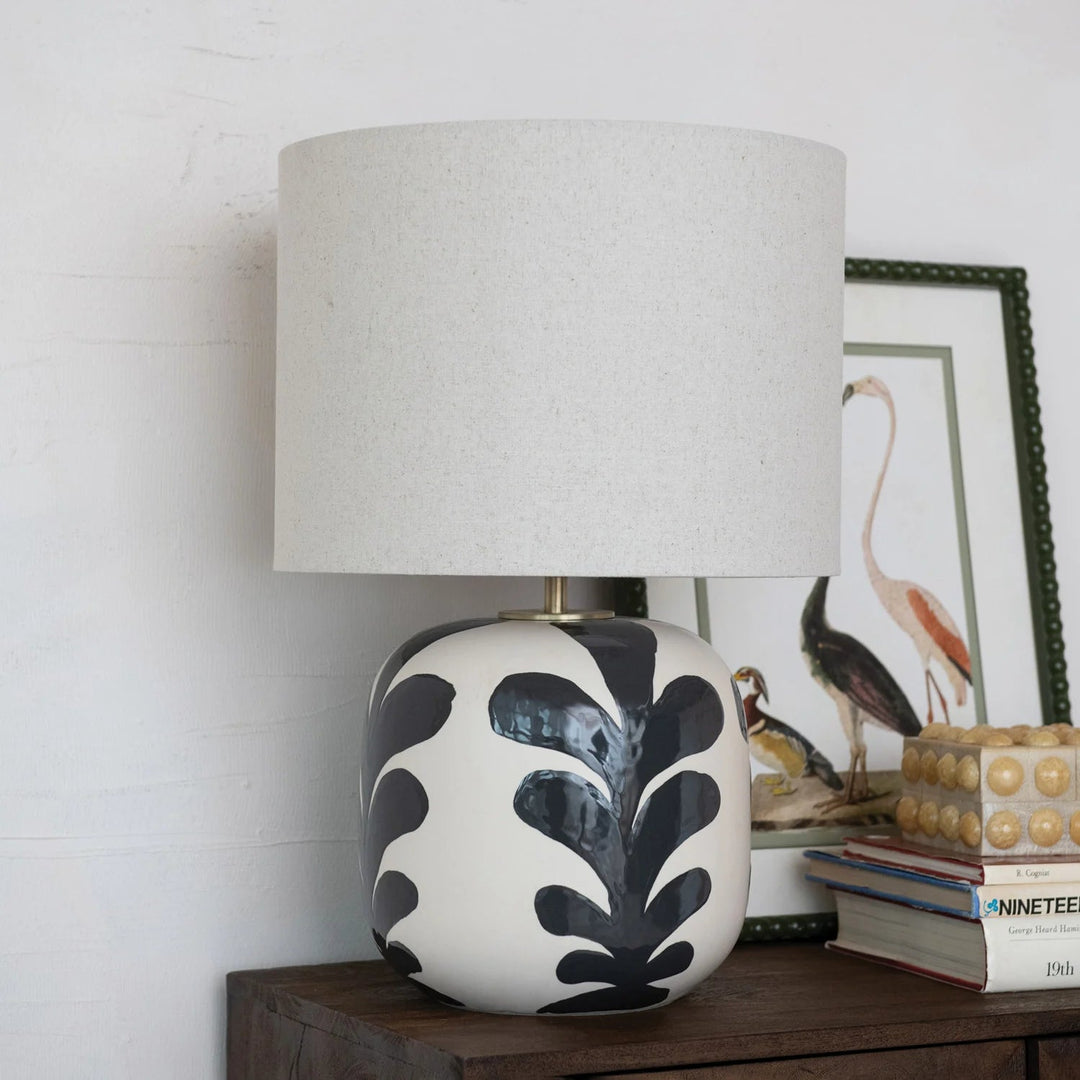 Stoneware Table Lamp with Abstract Design, Linen Shade &amp; Inline Switch