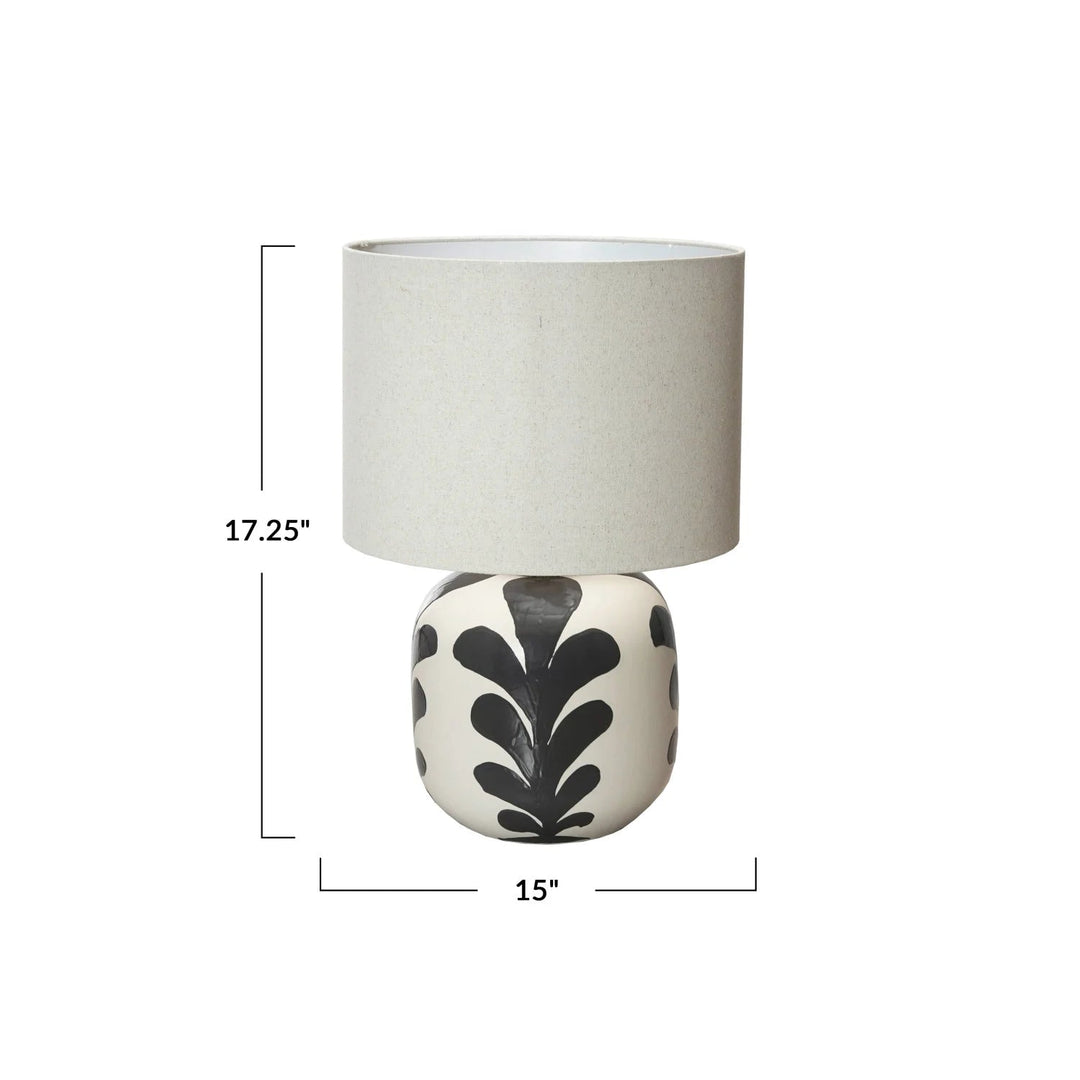 Stoneware Table Lamp with Abstract Design, Linen Shade &amp; Inline Switch