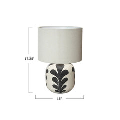 Stoneware Table Lamp with Abstract Design, Linen Shade &amp; Inline Switch