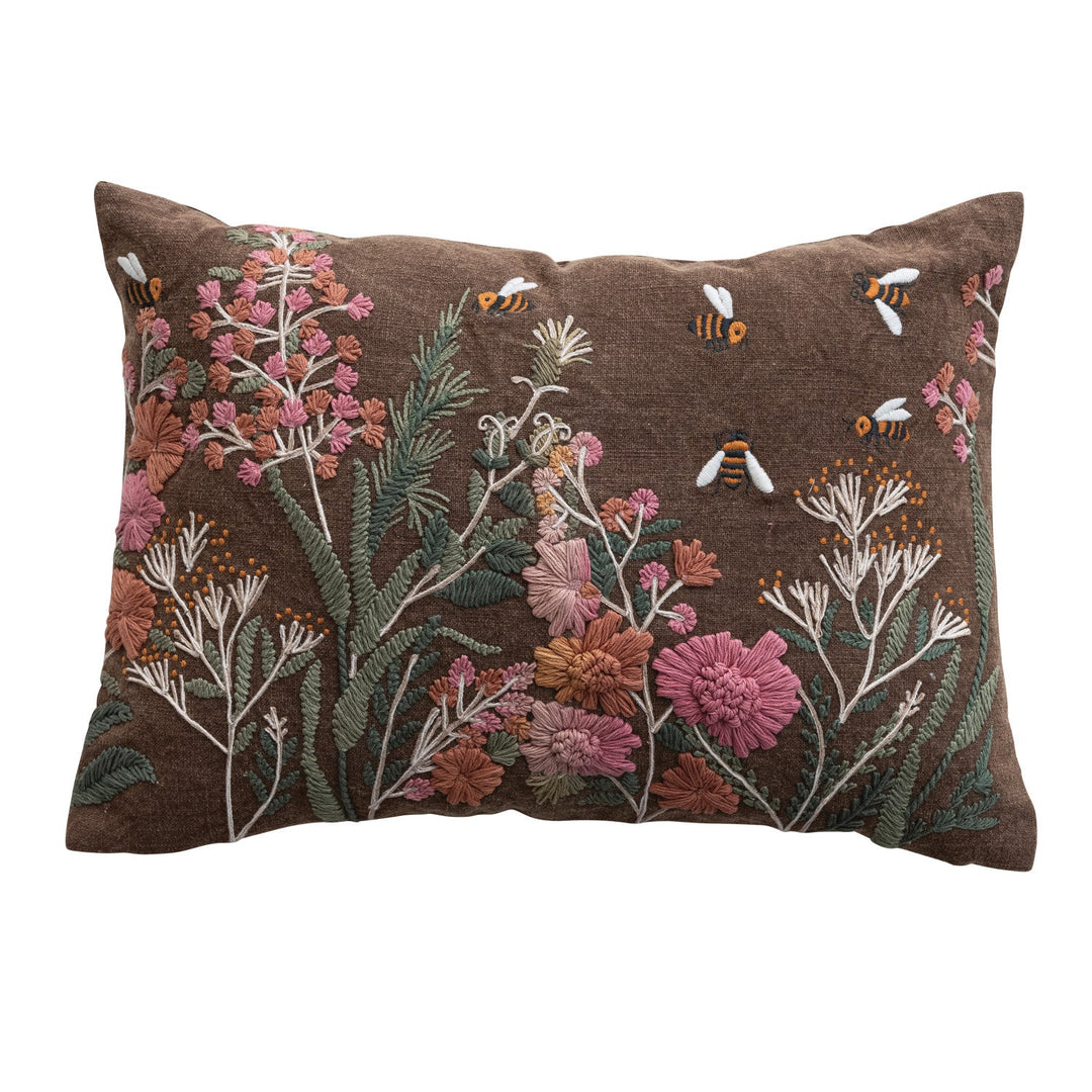 Stonewashed Cotton Slub Lumbar Pillow with Hand-Embroidered Flowers &amp; Bees, 20" x 14" front - soft goods by Creative Co-Op - Whats New Furniture Portland OR