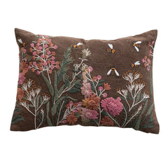 Stonewashed Cotton Slub Lumbar Pillow with Hand-Embroidered Flowers &amp; Bees, 20" x 14" front - soft goods by Creative Co-Op - Whats New Furniture Portland OR