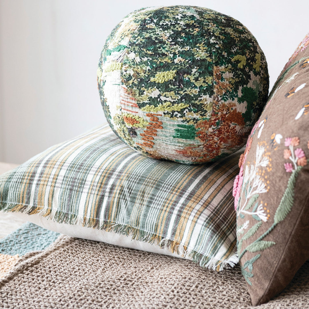 Stonewashed Cotton Slub Lumbar Pillow with Hand-Embroidered Flowers &amp; Bees, 20" x 14" styled with a round pillow - soft goods by Creative Co-Op - Whats New Furniture Portland OR