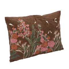 Stonewashed Cotton Slub Lumbar Pillow with Hand-Embroidered Flowers &amp; Bees, 20" x 14" front at an angle - soft goods by Creative Co-Op - Whats New Furniture Portland OR